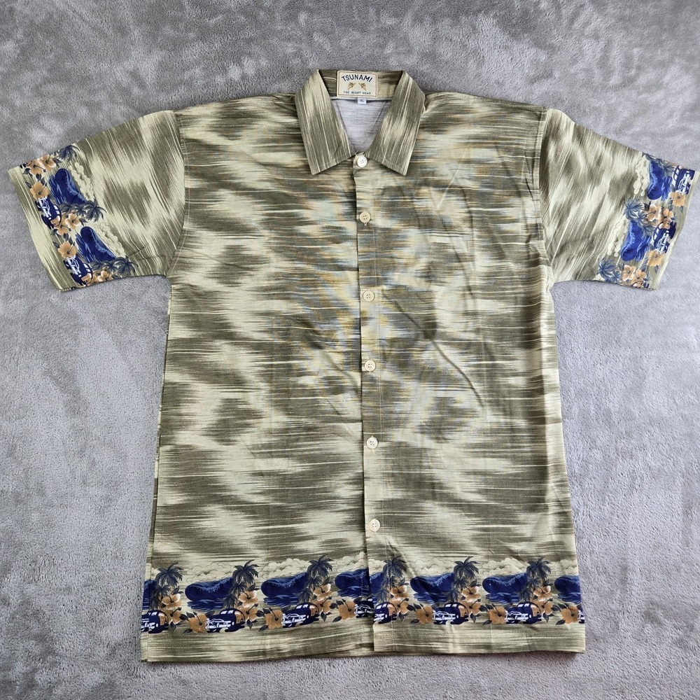 Tsunami Shirt Mens XL Olive Green Tan Hawaiian Fine Resort Wear Vacation Beach